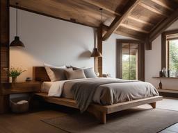 In the bedroom, rustic interior design showcases a handcrafted wooden bed, soft linens, and natural decor that create a cozy and tranquil sanctuary for rest.  