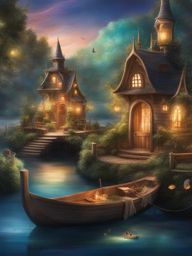 enchanted waterfront - create an artwork of an enchanted waterfront with magical boats and creatures. 