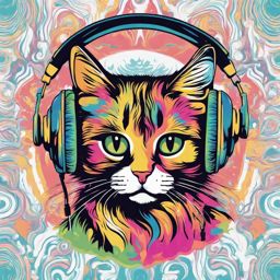 cat with headphones psychedelic colors colors,professional t shirt vector design, white background