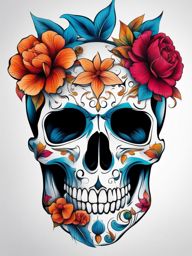 Floral skull tattoo, Creative tattoos that combine floral motifs with skull imagery.  vivid colors, white background, tattoo design