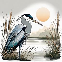 Heron Tattoo - Heron wading in a shallow marsh  color tattoo design, clean white background