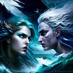 harpy vs siren - winged enchantresses face off in a tempestuous coastal storm, haunting melodies and piercing screeches echoing. 