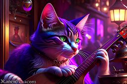 tabaxi bard, lyra nightshade, enchanting a mesmerizing tune that captivates an audience in a bustling tavern. 