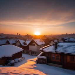 Snowy Rooftops in the Sunset  background picture, close shot professional product  photography, natural lighting, canon lens, shot on dslr 64 megapixels sharp focus