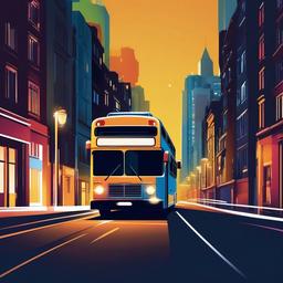 Bus clipart - night bus in a brightly lit street  color,minimalist,vector clipart