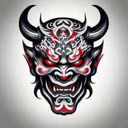 Oni Mask American Traditional - Tattoo blending the iconic Oni mask with American traditional aesthetics.  simple color tattoo,white background,minimal