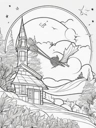 Witch's Broom Coloring Pages - Flying Through the Halloween Night  minimal black outline printable sheet, coloring page