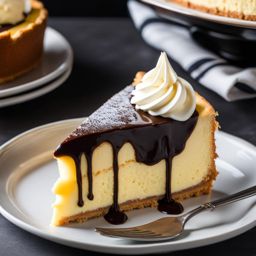 a slice of classic boston cream pie, with layers of sponge cake, pastry cream, and chocolate glaze. 