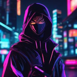 Mysterious ninja assassin in a neon-lit city.  front facing ,centered portrait shot, cute anime color style, pfp, full face visible