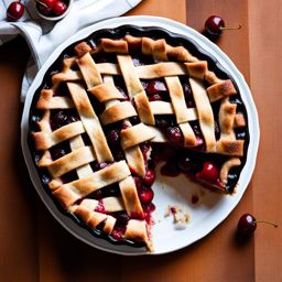 sour cherry pie filled with tart cherries and a lattice crust. 