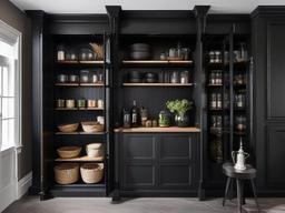 The pantry showcases Gothic interior design with organized shelving, dark cabinetry, and intricate details that make food storage both practical and stylish.  