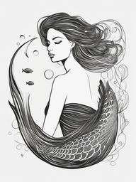 drawing of a mermaid with a fish  minimal rough sketch scribbles,doodles,black and white