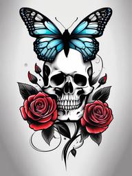 skull butterfly rose tattoo  simple color tattoo, minimal, white background