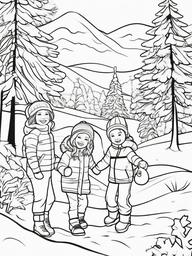 Kids Playing in Snow Coloring Pages - Fun Winter Activities Outdoors  minimal black outline printable sheet, coloring page