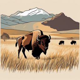 American Bison Clip Art - American bison on the prairie,  color vector clipart, minimal style