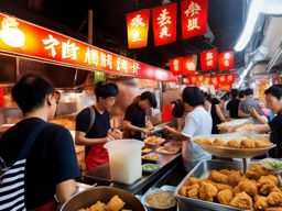 taiwanese night market - fried chicken, stinky tofu, and bubble tea in a bustling atmosphere. 