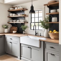 farmhouse kitchen with farmhouse sink and open wooden shelving. 