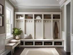 Neoclassical mudroom features simple furniture, decorative moldings, and classic finishes that create an elegant and timeless space for entering the home.  