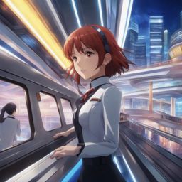 mikoto misaka rides a futuristic monorail through the technologically advanced academy city. 