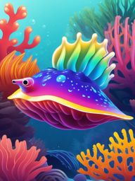 Electric Rainbow Sea Slug on Coral Reef Clip Art - An electric rainbow sea slug thriving on a lively coral reef,  color vector clipart, minimal style