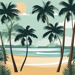 Coconut and Palm Trees Clipart - A tropical beach scene with coconuts and palm trees.  color vector clipart, minimal style