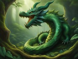 forest dragon coiled around the ancient roots of an enchanted tree, its emerald-green scales merging with the foliage. 