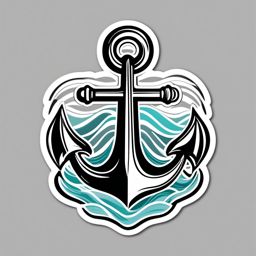 Anchor with Waves Sticker - Nautical anchor with wavy lines, ,vector color sticker art,minimal