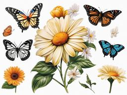 daisy and butterfly tattoo designs  simple color tattoo, minimal, white background