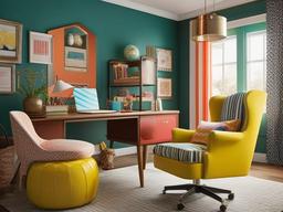 Retro home office features colorful furniture, playful decor, and vintage-inspired accents that bring a fun and nostalgic vibe to your workspace.  