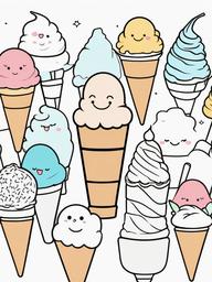 Kawaii Ice Cream Coloring Pages - Delicious Ice Cream Cones with Smiles  minimal black outline printable sheet, coloring page