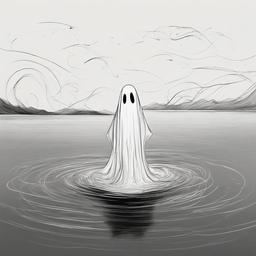 drawing of a ghost floating over water  minimal rough sketch scribbles,doodles,black and white