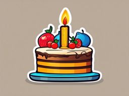 Cake with Candle Sticker - Cake adorned with a lit birthday candle, ,vector color sticker art,minimal