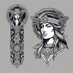 Athena Goddess Tattoo-Intricate and artistic tattoo featuring Athena, the Greek goddess of wisdom, warfare, and civilization.  simple color vector tattoo