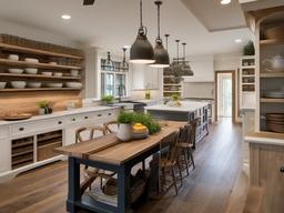 Farmhouse kitchen highlights a large dining table, open shelves for dishware, and simple cabinetry, embodying a welcoming and homey feel.  