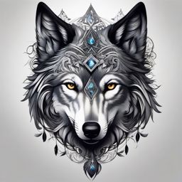 Wolf and Raven Tattoo,stunning tattoo combining the enigmatic wolf and the intelligent raven, fusion of mystique. , tattoo design, white clean background