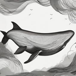 drawing of a whale with waves  minimal rough sketch scribbles,doodles,black and white