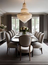 chic and luxurious dining room with a grand dining table and upholstered chairs. 