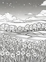 Buttercup coloring page sheet - Buttercups scattered across a sunny meadow.  black outline printable coloring page