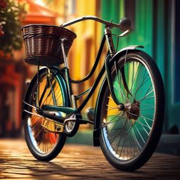 Vintage Bicycle - A vintage bicycle with a front basket and retro style hyperrealistic, intricately detailed, color depth,splash art, concept art, mid shot, sharp focus, dramatic, 2/3 face angle, side light, colorful background