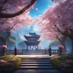 blue archive,student magicians,competing in a friendly magic duel tournament,a beautiful arena surrounded by cherry blossoms detailed matte painting, deep color, fantastical, intricate detail, splash screen, complementary colors, fantasy concept art, 8k resolution trending on artstation unreal engine 5