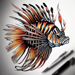 Lionfish Tattoo,a captivating tattoo showcasing the enchanting lionfish, emblem of beauty and mystery. , color tattoo design, white clean background