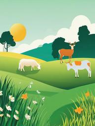 Grass clipart - grass with animals grazing peacefully  color,minimalist,vector clipart