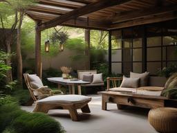 The outdoor patio embraces Wabi Sabi interior design with rustic furniture, organic materials, and lush greenery that create a peaceful space for relaxation and reflection.  