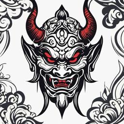 Japanese Oni Mask Tattoo - Features the fearsome Oni mask, symbolizing demons and ogres in Japanese mythology.  simple color tattoo,white background,minimal