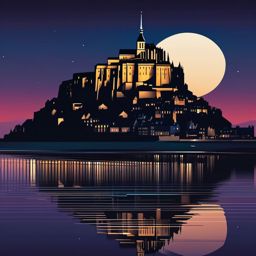 Le Mont-Saint-Michel Night sticker- Illuminated island commune in Normandy, France, , sticker vector art, minimalist design