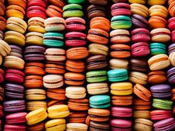 a tower of colorful rainbow macarons, each with a vibrant hue and unique flavor. 