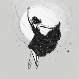 drawing of a woman dancing under the stars  minimal rough sketch scribbles,doodles,black and white