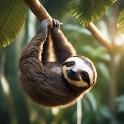 sloth baby hanging lazily from a tropical tree branch 8k ultrarealistic cinematic 