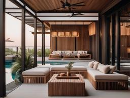 The pool area embraces Japandi interior design with simple loungers, natural decor, and soft lighting that create a refreshing atmosphere for summer enjoyment.  