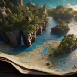 Tattered map leads an adventurer to a hidden island filled with mythical creatures.  8k, hyper realistic, cinematic